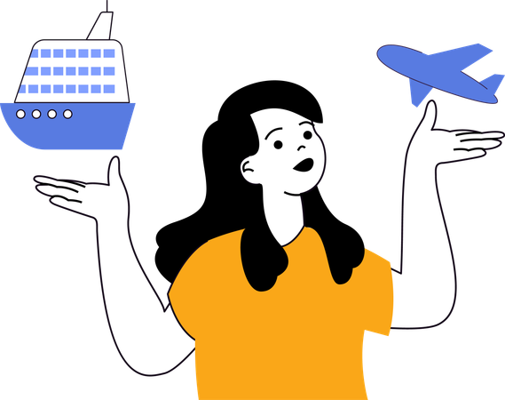 Woman choose plane and ship  Illustration