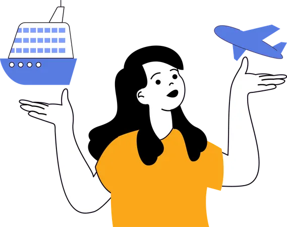 Woman choose plane and ship  Illustration