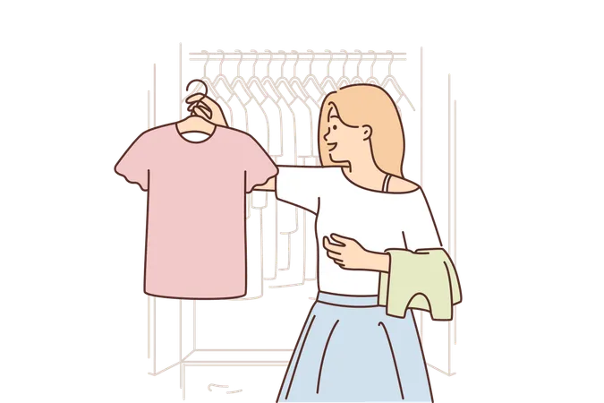 Woman Chooses Clothes From Wardrobe Going To Party Or Sorting Out T Shirts For Thrift Store Girl Visitor To Clothing Store For Low Income People Stands Near Hanger Filled With Clothes Illustration
