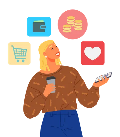 Buying Goods On Social Media E Commerce Internet Shopping Woman Chooses Goods In Online Store App Purchase Order And Cashless Payment In Internet Shop Lady Surrounded By Online Shopping Icons Illustration