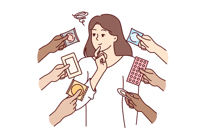 Woman Chooses Method Of Contraception From Birth Control Pills And Condoms For Safe Sex Thoughtful Girl Cares About Health Consciously Approaches Choice Of Contraception To Avoid Unplanned Pregnancy Illustration