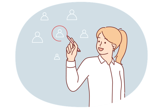 Woman chooses one person from several drawn on digital pad  Illustration