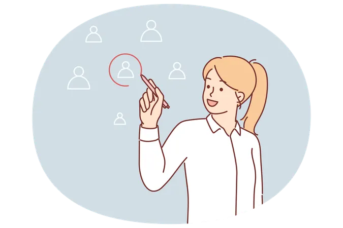 Woman chooses one person from several drawn on digital pad  Illustration