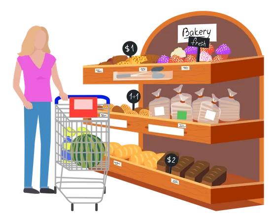 Woman With Shopping Cart In Supermarket Lady During Shopping Customer In Mall Retail Store Girl Chooses Pastries Bread At Grocery Store Female Character Looking At Bakery In Hypermarket イラスト