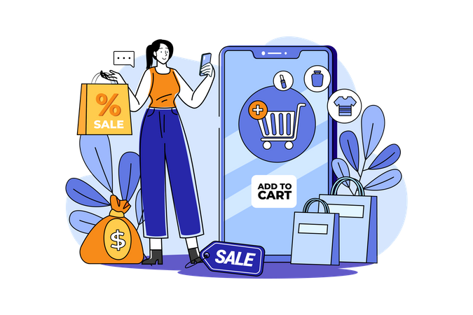 Woman chooses to add items to cart  Illustration