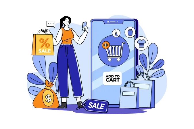 Woman chooses to add items to cart  Illustration