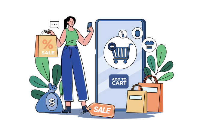 Woman chooses to add items to cart  Illustration