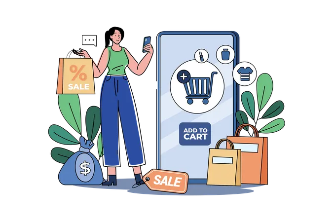 Woman chooses to add items to cart  Illustration