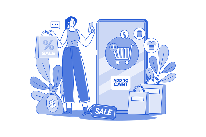 Woman Chooses To Add Items To Cart  Illustration