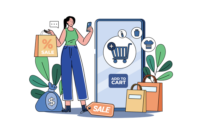 Woman chooses to add items to cart Illustration