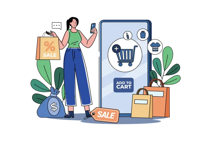 Woman chooses to add items to cart Illustration