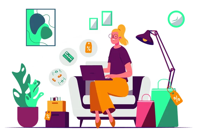 Concept Online Shopping With People Scene In The Flat Cartoon Style A Woman Chooses Various Products In An Online Store While Sitting On A Sofa Vector Illustration Illustration