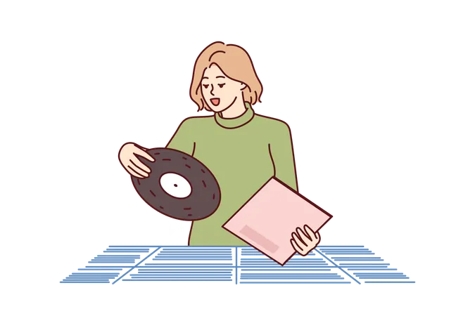 Woman chooses vinyl record for music play  Illustration