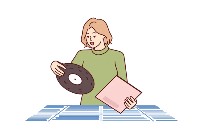 Woman chooses vinyl record standing in store for retro music collectors and analog audio lovers  Illustration