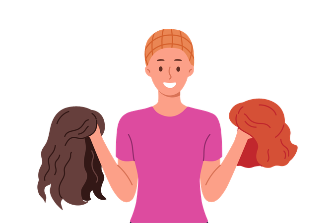 Woman chooses wig, wanting to change image and have long hair after chemotherapy  Illustration