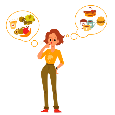 Woman choosing between healthy and unhealthy food Illustration