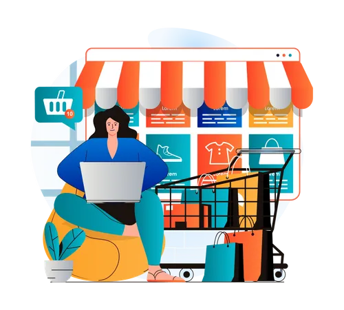 Woman choosing clothes and other goods on online shopping  Illustration