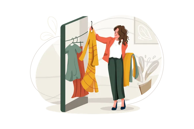 Woman choosing clothes in online shop  Illustration