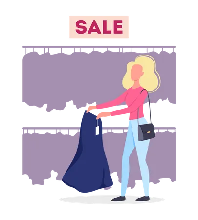Woman Choosing Clothes In The Clothing Store Big Sale And Discount Concept People Buy And Try New Clothes Cheerful Buyer Vector Flat Illustration 일러스트레이션