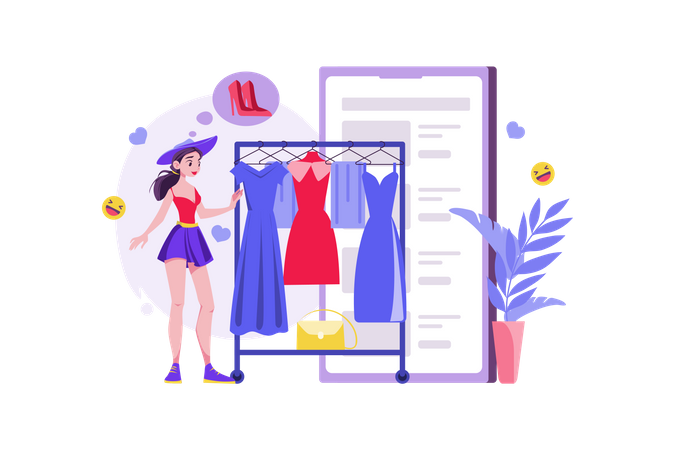 Woman choosing clothes in the online shop Illustration