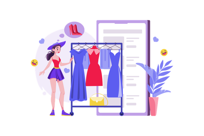 Woman choosing clothes in the online shop  Illustration