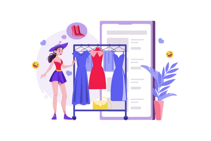 Woman choosing clothes in the online shop  Illustration