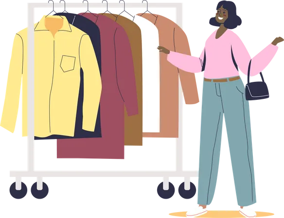 Woman Choosing Clothes On Hanger Female Cartoon Character On Shopping In Fashion Boutique Buying Clothes Shopping Mall Or Store Flat Vector Illustration Illustration