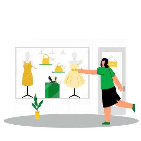Woman choosing dress in clothing store  Illustration
