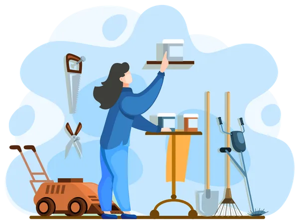 Woman choosing garden tools Illustration