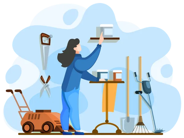 Woman choosing garden tools  Illustration