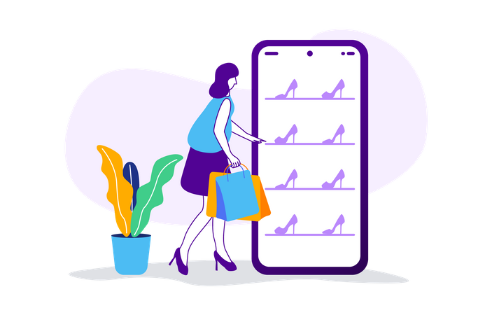 Woman choosing shoes from online shopping catalogue  Illustration