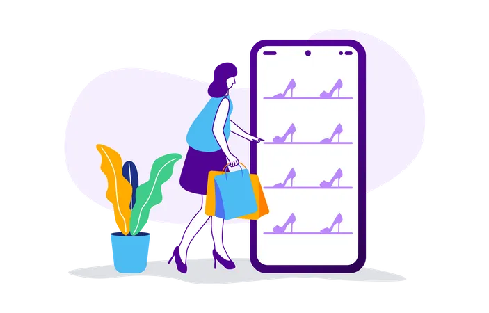 Woman choosing shoes from online shopping catalogue  Illustration