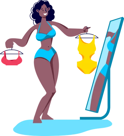Beautiful African American Woman Choosing Swimwear For Summer Vacation On Tropical Resort Cartoon Female Trying Bikini Swim Suit In Front Of Mirror Vector Illustration 일러스트레이션