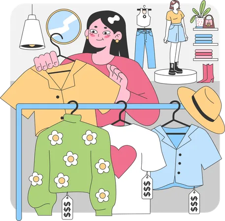 Woman choosing tshirt at shop  Illustration