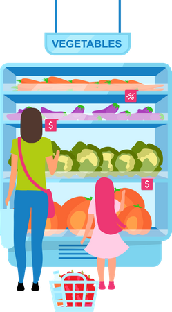 Woman choosing vegetables in greengrocery  Illustration