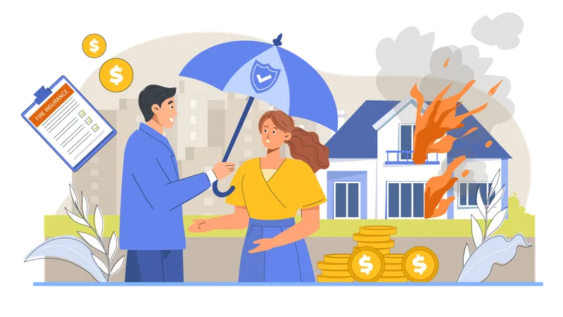 Woman claiming house insurance cover due to house fire  Illustration