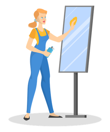 Woman clean the mirror using cleaning spray and wipe  Illustration