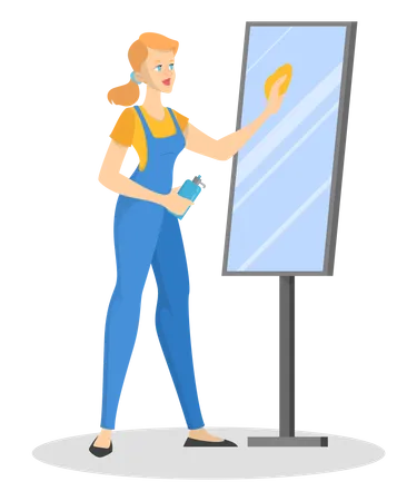 Woman clean the mirror using cleaning spray and wipe  Illustration