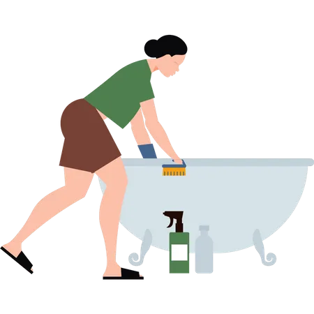 The Girl Is Cleaning The Bathtub Illustration