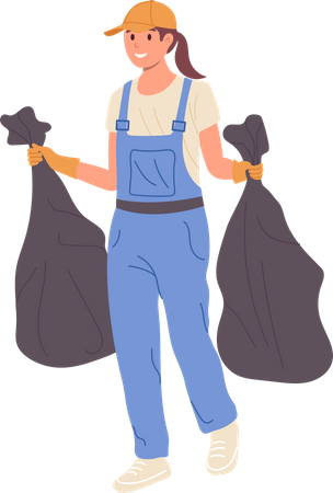 Woman cleaner picking garbage bags  Illustration