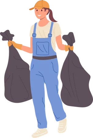 Flat Cartoon Happy Smiling Woman Cleaner Character Wearing Blue Overall Picking Garbage Taking Out Trash In Plastic Bag Vector Illustration Isolated On White Background Housework And Cleaning Service Illustration