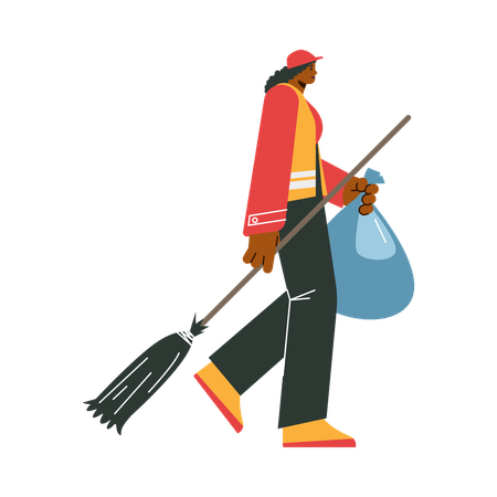 Woman cleaner walking with broom and bag  Illustration