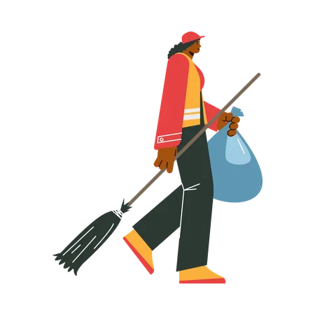Woman cleaner walking with broom and bag  Illustration
