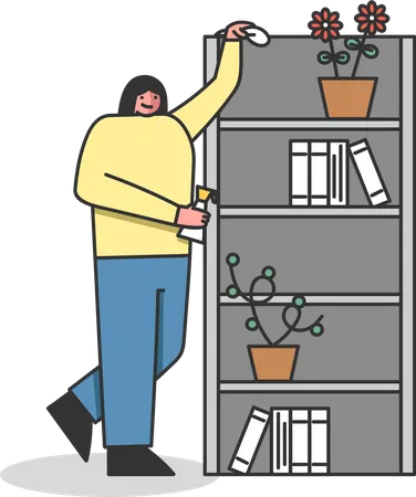 Concept Of Professional Cleaning Service People Clean Office Women Dusting Cabinet Character Doing Wet Cleaning Use Cleaning Agent And Napkin Cartoon Linear Outline Flat Style Vector Illustration Illustration