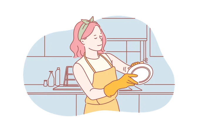 Woman cleaning dish  Illustration