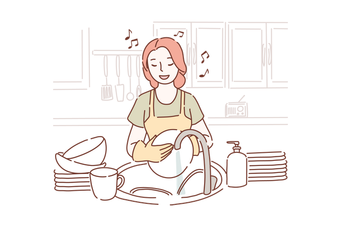 Woman cleaning dish  Illustration