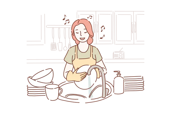 Woman cleaning dish  Illustration