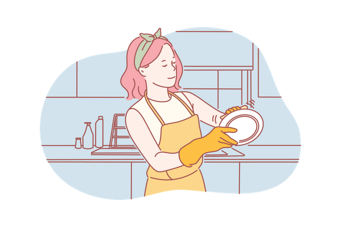Woman cleaning dish  Illustration