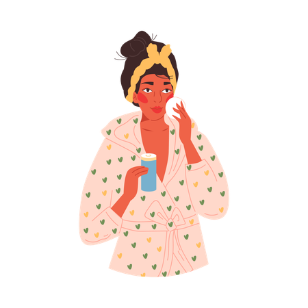 Woman cleaning face with lotion or cleanser  Illustration