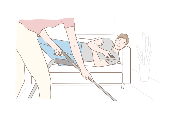 Woman cleaning floor and man lying on sofa  Illustration